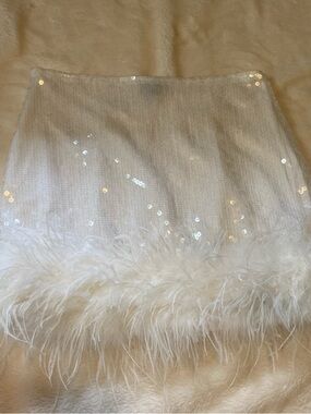 PrettyLittleThing White Sequin Feather Trim Mini Skirt